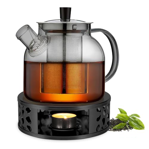 Teekanne mit Siebeinsatz und Stövchen, 1,5L Teekanne Glas, Glasteekanne mit Edelstahl-Teesieb & Warmhalteuntersetzer, Hitzebeständige Teekanne für losen Tee & Teebeutel von PORFOYO