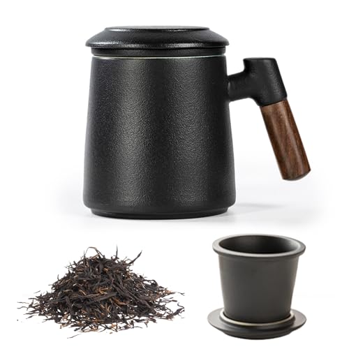 Teetasse mit Deckel und Sieb, 400 ml Holzgriff Teebecher, Matte Keramik Teetassen mit Teesieb und Deckel, Teetasse mit Teesieb für Teeliebhaber, Handgesprühte Schwarze Glasur für Tee Geschenke Teetasse mit Deckel und Sieb, 400 ml Holzgriff Teebecher, Matte Keramik Teetassen mit Teesieb und Deckel, Teetasse mit Teesieb für Teeliebhaber, Handgesprühte Schwarze Glasur für Tee Geschenke von PORFOYO