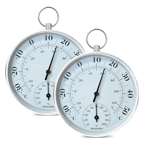 Thermometer Innen Außen, 2 Stück ThermometerAussen 10cm, Raumthermometer Innen Außenthermometer Hygrometer Thermometer mit Luftfeuchtigkeitsmesser Wandthermometer für Häuser, Gewächshäuser (Weiß) von PORFOYO