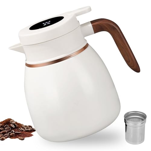 Thermoskanne mit Teesieb, 1,1 Liter Isolierkanne mit Temperaturanzeige, Teekanne Thermo mit Holzgriff, Edelstahl Thermokanne, Warmhaltekanne, Kaffeekanne Thermo, Isolierkanne für Tee, Kaffee und Milch Thermoskanne mit Teesieb, 1,1 Liter Isolierkanne mit Temperaturanzeige, Teekanne Thermo mit Holzgriff, Edelstahl Thermokanne, Warmhaltekanne, Kaffeekanne Thermo, Isolierkanne für Tee, Kaffee und Milch von PORFOYO