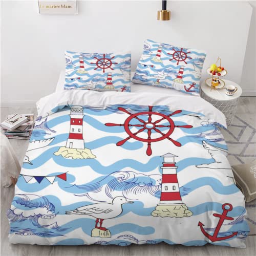 PORIMA Bettwäsche 135x200 Kinder Cartoon-Leuchtturm 3D Druck Bettbezüge mit Reißverschluss Mikrofaser Weiche Ozean 3 Teilig mit +2 Kissenbezüge 80x80cm Jungen und Mädchen von PORIMA