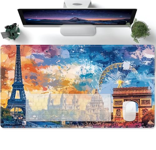 Groß Mauspad Gaming mit Eiffelturm, Tourismus, Landschaft, Malerei Motiv Tischunterlage Large Size Spezielle Oberfläche Schreibtischunterlage Verbessert Präzision und Geschwindigkeit 600x300x3mm von PORNHUX