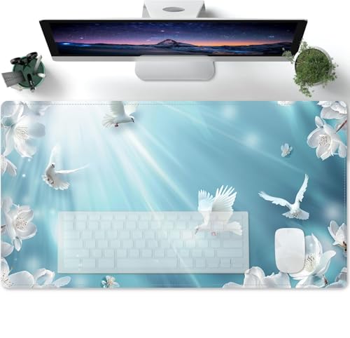 Mauspad Blauer Himmel, Blumen, Tauben, Sonnenschein Lange Mousepad Große Schreibtischunterlage Matte mit Rutschfester Basis genähte Rand Tastatur Matte für Büro Schreibtisch Unterlegmat 600x300x3mm von PORNHUX