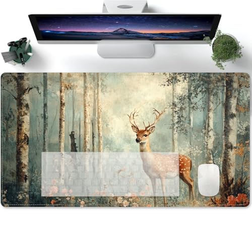 Mauspad Das Tier des Waldes, der Hirsch Lange Mousepad Große Schreibtischunterlage Matte mit Rutschfester Basis genähte Rand Tastatur Matte für Büro Schreibtisch Unterlegmat 600x300x3mm von PORNHUX