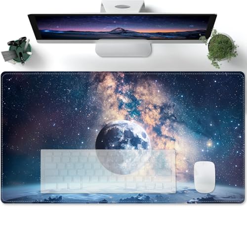 Mauspad Erde, Mond, Sternenhimmel, Weltraum Lange Mousepad Große Schreibtischunterlage Matte mit Rutschfester Basis genähte Rand Tastatur Matte für Büro Schreibtisch 600x300x3mm von PORNHUX