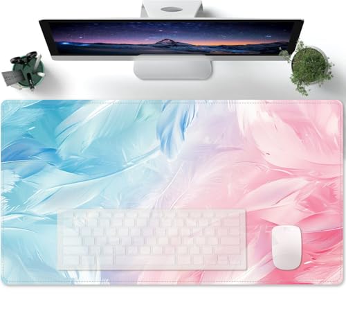 Mauspad Fantasy Federn sind rosa und bunt Lange Mousepad Große Schreibtischunterlage Matte mit Rutschfester Basis genähte Rand Tastatur Matte für Büro Schreibtisch Unterlegmat 600x300x3mm von PORNHUX