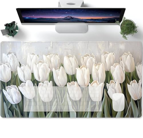 Mauspad Gaming mit Weiße Tulpenblüten grau Motiv Tischunterlage Large Size Spezielle Oberfläche Schreibtischunterlage Verbessert Präzision und Geschwindigke 600x300x3mm von PORNHUX