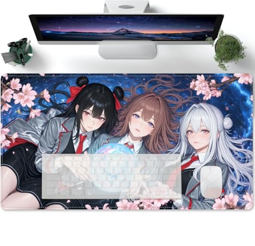 Mauspad Lange Anime Mädchen XL Mousepad Große Schreibtischunterlage Matte mit rutschfester Basis genähte Rand Tastatur Matte für Büro Schreibtisch 600x300x3mm von PORNHUX