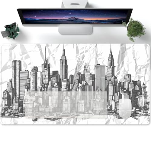 Mauspad Moderne Stadtlandschaft Schwarz-Weiß-Skizze Gaming XXL Mousepad groß Schreibtischunterlage Tischunterlage Large Size Fransenfreie Ränder rutschfest Verbessert Präzision und Geschwindigkeit von PORNHUX