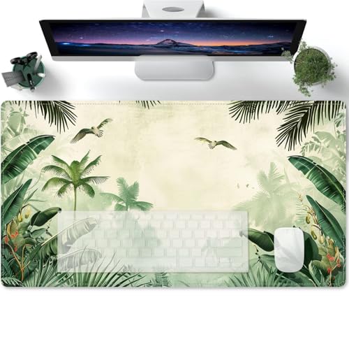Mauspad Regenwald, Pflanze, Vogellandschaft Lange Mousepad Große Schreibtischunterlage Matte mit Rutschfester Basis genähte Rand Tastatur Matte für Büro Schreibtisch Unterlegmat 600x300x3mm von PORNHUX