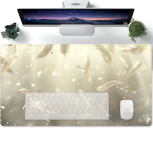 Mauspad Silberne Federn sonnengrau Lange Mousepad Große Schreibtischunterlage Matte mit Rutschfester Basis genähte Rand Tastatur Matte für Büro Schreibtisch 600x300x3mm von PORNHUX