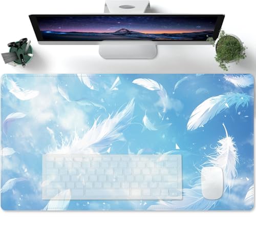 Mauspad Traum blauer Himmel Wolkenfedern Lange Mousepad Große Schreibtischunterlage Matte mit Rutschfester Basis genähte Rand Tastatur Matte für Büro Schreibtisch 600x300x3mm von PORNHUX