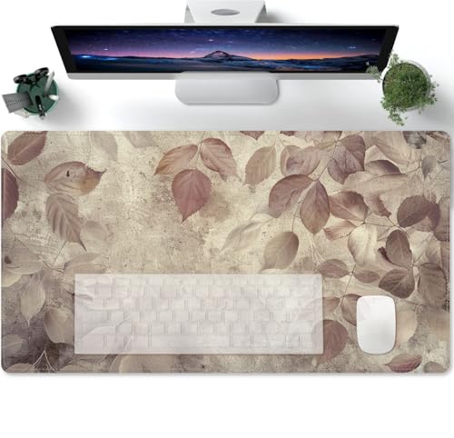 Mauspad Vintage Laub Pflanze grau Lange Mousepad Große Schreibtischunterlage Matte mit Rutschfester Basis genähte Rand Tastatur Matte für Büro Schreibtisch Unterlegmat 600x300x3mm von PORNHUX