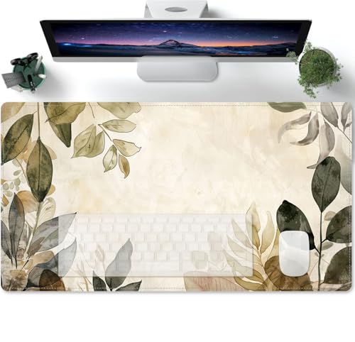 Mauspad XXL,Groß Mauspad Gaming mit Vintage Blätter beige Pflanze Motiv Tischunterlage Large Size Spezielle Oberfläche Schreibtischunterlage Verbessert Präzision und Geschwindigkei 600x300x3mm von PORNHUX