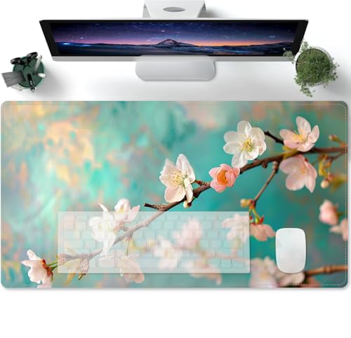 Mauspad XXL,Groß Mauspad Gaming mit Vintage Blumen Pflaume Blaugrün Motiv Tischunterlage Large Size Spezielle Oberfläche Schreibtischunterlage Verbessert Präzision und Geschwindigkei 600x300x3mm von PORNHUX