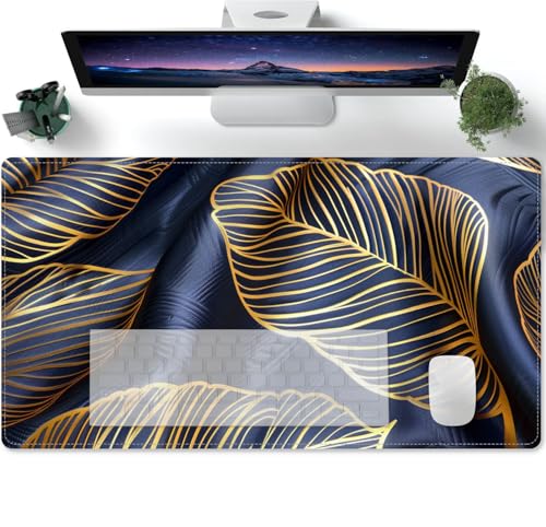 Mauspad XXL Blau-goldene Blätter Rutschfest und Wasserabweisend Groß Schreibtischunterlage 600x300x3mm Mauspad XXL Blau-goldene Blätter Rutschfest und Wasserabweisend Groß Schreibtischunterlage 600x300x3mm von PORNHUX
