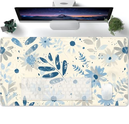 Mauspad XXL Groß Gaming Tischunterlage Large Size Schwarz mit Motiv Blume Blätter Aquarell blau Polyester Schreibtischunterlage Verbessert Präzision und Geschwindigkeit 600x300x3mm von PORNHUX