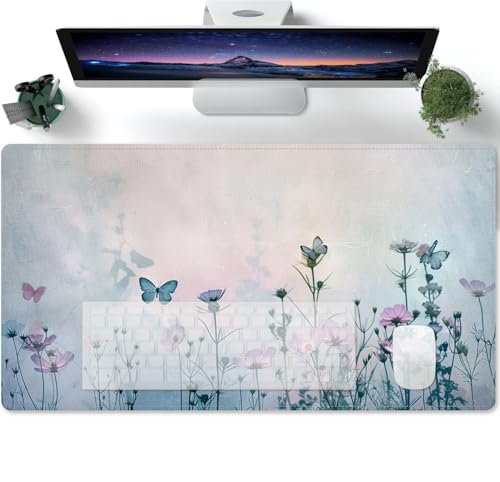 Mauspad XXL Groß Gaming Tischunterlage Large Size Schwarz mit Motiv Grasblumen und Schmetterlinge Polyester Schreibtischunterlage Verbessert Präzision und Geschwindigkeit 600x300x3mm von PORNHUX