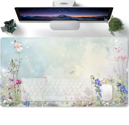 Mauspad XXL Groß Gaming Tischunterlage Large Size Schwarz mit Motiv Vintage-Blumen, Gräser, Schmetterlinge, Pflanzen Polyester Schreibtischunterlage Verbessert Präzision und Geschwindigkeit von PORNHUX