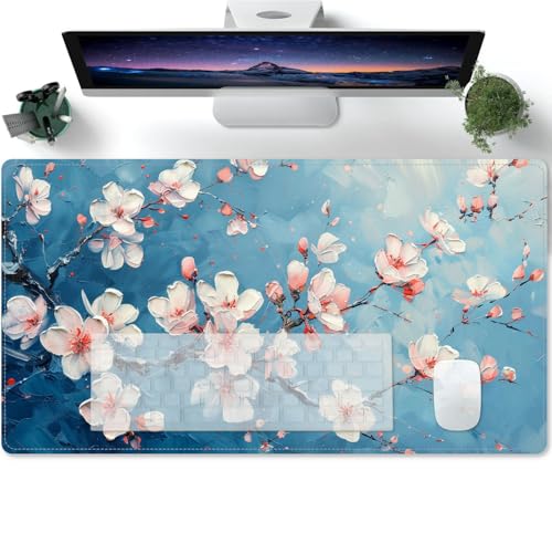 Mauspad XXL Ölgemälde Pfirsichblüte rosa blau Mousepad Tischunterlage Large Size Multifunktionales Anti Rutsch schreibtischunterlage verbessert Präzision und Geschwind 600x300x3mm von PORNHUX
