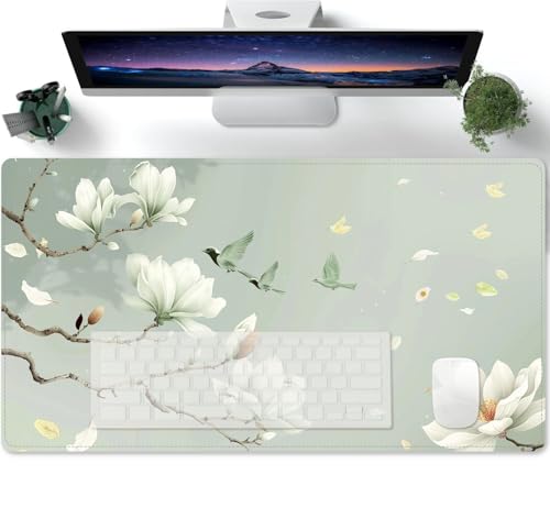 Mauspad XXL Vintage Blumen und Vögel beige cyan Mousepad Tischunterlage Large Size Multifunktionales Anti Rutsch schreibtischunterlage verbessert Präzision und Geschwindigkei 600x300x3mm von PORNHUX