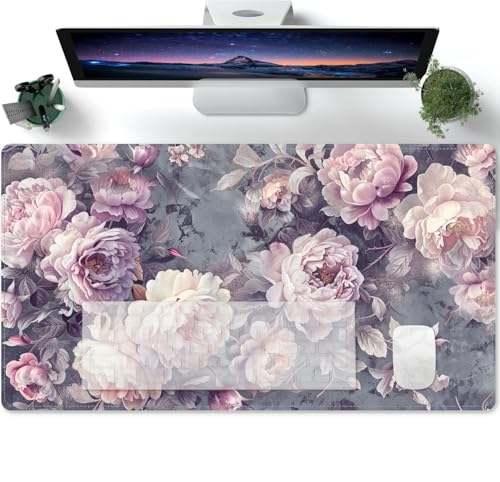 Mauspad XXL Vintage Riese Blumen Lila Rutschfest und Wasserabweisend Groß Schreibtischunterlage 600x300x3mm von PORNHUX
