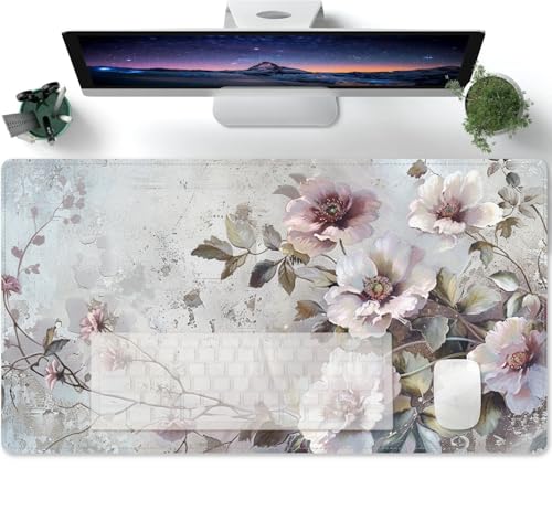 Mauspad XXL Vintage florales Laub graue Pflanze Mousepad Tischunterlage Large Size Multifunktionales Anti Rutsch schreibtischunterlage verbessert Präzision und Geschwind 600x300x3mm von PORNHUX