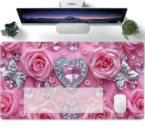 Mauspad mit Romantische herzförmige kristallrosa Rosen Motiv Tischunterlage Large Size Spezielle Oberfläche Schreibtischunterlage Verbessert Präzision und Geschwindigkeit 600x300x3mm von PORNHUX