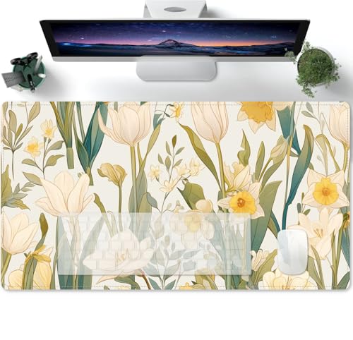 Mauspad mit Vintage Blumenblätter beige Motiv Tischunterlage Large Size Spezielle Oberfläche Schreibtischunterlage Verbessert Präzision und Geschwindigkeit 600x300x3mm von PORNHUX