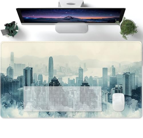 Mousepad XXL Bemaltes abstraktes blaues Stadtgebäude Schreibtisch Protector Matte mit Anti Rutsch Basis,Mouse Pad wasserdicht und langlebig für Gaming,Büro,Zuhause 600x300x3mm von PORNHUX