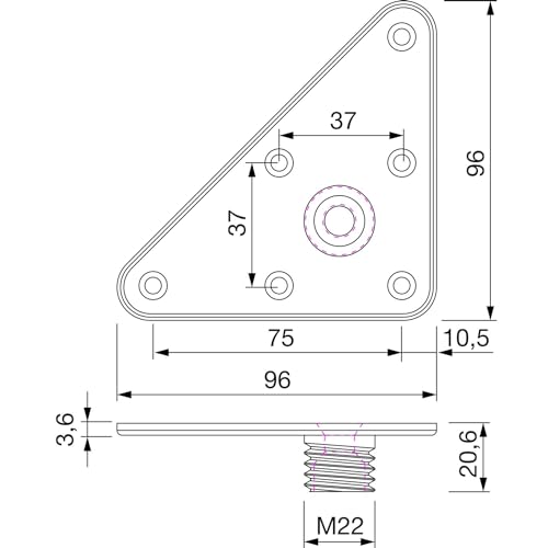 PORRO Befestigungsplatte für Möbelfuß Torino - Möbelfuß 10cm - Dreieck Adapterplatte 125x96mm für Tischbeine mit Gewinde M22, Stahl von PORRO