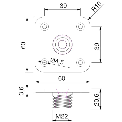 PORRO Befestigungsplatte für Möbelfuß Torino - Möbelfuß 10cm - Quadrat Adapterplatte 60x60mm für Tischbeine mit Gewinde M22, Stahl von PORRO