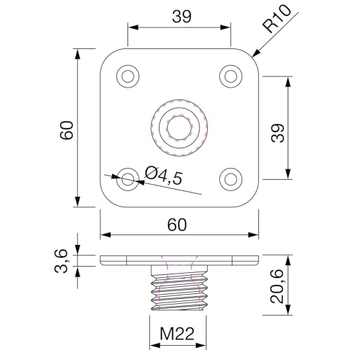 PORRO Befestigungsplatte für Möbelfuß Torino - Möbelfuß 10cm - Quadrat Adapterplatte 60x60mm für Tischbeine mit Gewinde M22, Stahl PORRO Befestigungsplatte für Möbelfuß Torino - Möbelfuß 10cm - Quadrat Adapterplatte 60x60mm für Tischbeine mit Gewinde M22, Stahl von PORRO