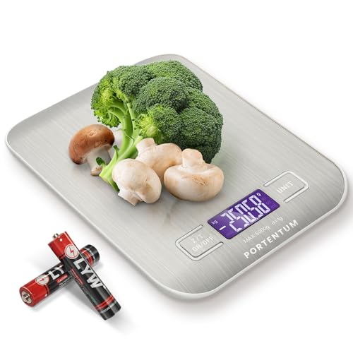 PORTENTUM Küchenwaage digital 5kg. mit großem LCD-Display, Digitalwaage, Briefwaage mit Großer Edelstahl Wiegefläche, Flüssigkeitsmessung, hohe Präzision auf bis zu 1g, Tara-Funktion, Silber von PORTENTUM