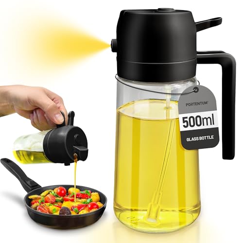 PORTENTUM Ölsprüher für speiseöl 2 in 1-500ml Öl Sprühflasche lebensmittelecht, Ölspray zum Kochen, Hochwertiger Öl Zerstäuber, Ölsprüher für Heißluftfritteuse (Schwarz) von PORTENTUM