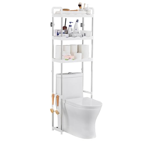 PORUGE Toilettenregal, 3-stufiges Aufbewahrung über der Toilette, Freistehendes Waschmaschinenregal aus Metall, Platzsparendes WC Regal Toilettenschrank für Bad, Toilette, Waschküche, Weiß von PORUGE