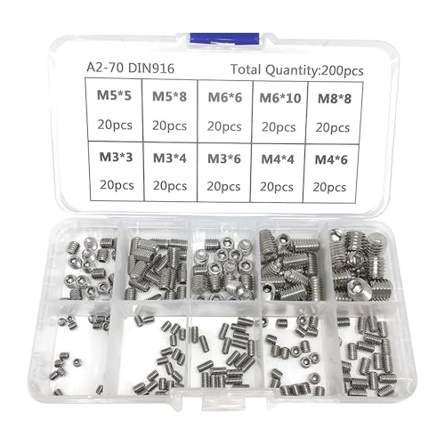 Gewindestifte, gemischte Edelstahl-Kegelspitzenschrauben, Innensechskantschrauben-Sortiment, M3, M4, M5, M6, M8, Sechskantschrauben-Set mit Aufbewahrungsbox für Türgriffe, Wasserhahn-Licht, 200 Stück Gewindestifte, gemischte Edelstahl-Kegelspitzenschrauben, Innensechskantschrauben-Sortiment, M3, M4, M5, M6, M8, Sechskantschrauben-Set mit Aufbewahrungsbox für Türgriffe, Wasserhahn-Licht, 200 Stück von PORUPAEL