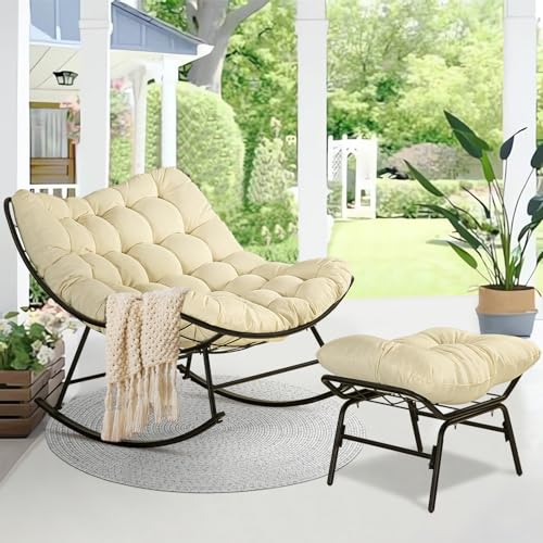 PORWEY Patio Rocking Egg Chair Outdoor & Indoor Reading Papasan Recliner Chair, Oversized Royal Comfy Lounge Rocker with Large Cushion and Ottomane for Bedroom, Living Room, Porch, White PORWEY Patio Rocking Egg Chair Outdoor & Indoor Reading Papasan Recliner Chair, Oversized Royal Comfy Lounge Rocker with Large Cushion and Ottomane for Bedroom, Living Room, Porch, White von PORWEY