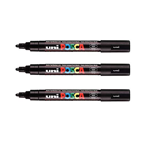POSCA Mitsubishi Pencil – 3 schwarze Marker, PC5M, konische Spitze, mittlere Spitze, Marker auf Wasserbasis – für Papier, Textilien, Glas, Kieselstein, Holz etc. von POSCA