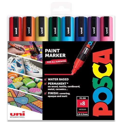Posca PC-5M Farbmarker, Kunststifte, 1,8–2,5 mm, Set mit essenziellen Farben, 8 Stück in Geschenkbox von POSCA