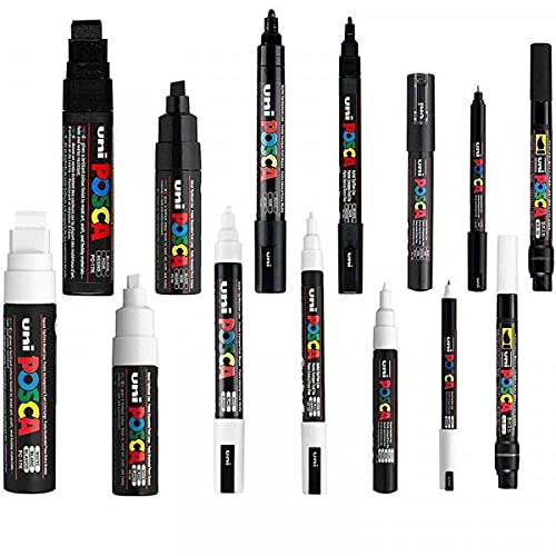 POSCA PC-17K/PC-8K/PC-5M/PC-3M/PC-1M/PC-1MR/PCF-350 (14 Stück) Schwarz und Weiß von POSCA