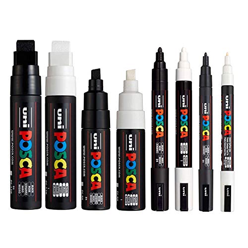 POSCA 8 Stifte (PC-17K, PC-8K, PC-5M, PC-3M) schwarz und weiß, mittelgroß bis breit von POSCA