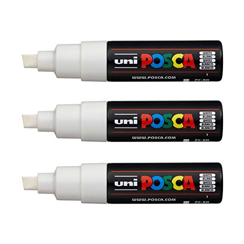 POSCA - Uni Mitsubishi Bleistift - 3 weiße Marker PC8K - abgeschrägte Spitze - Posca breite Spitze 8 mm - Farbmarker auf Wasserbasis - für Papier, Textil, Glas, Kiesel etc. POSCA - Uni Mitsubishi Bleistift - 3 weiße Marker PC8K - abgeschrägte Spitze - Posca breite Spitze 8 mm - Farbmarker auf Wasserbasis - für Papier, Textil, Glas, Kiesel etc. von POSCA