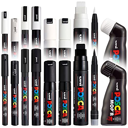 Posca - Komplettes Set mit 18 Stiften – MOP'R, PCF-350, PC-17K, PC-8K, PC-7M, PC-5M, PC-3M, PC-1M, PC-1MR – Schwarz & Weiß von POSCA