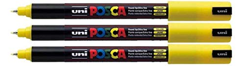 Posca PC-1MR Gelb Farbmarker Stifte Ultra Feine 0,7 mm Kaliber Spitze Spitze schreibt auf jeder Oberfläche Glas Metall Holz Kunststoff Stoff (3 Stück) von POSCA