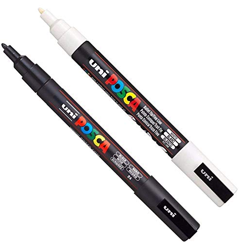 Posca PC-3M Markerstift, für Glas, Stoff, Metall, 2-teiliges Set, Schwarz/Weiß von POSCA