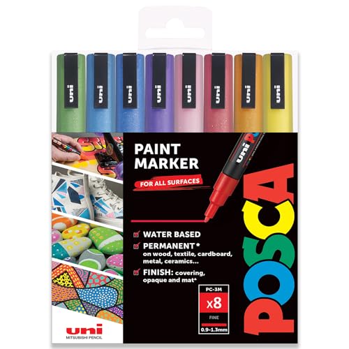 Posca Permanent-Marker auf Wasserbasis, für verschiedene Oberflächen, PC-3 ml, 0,9–1,3 mm fein, 8 Stück in Geschenktasche, Glitzertöne von POSCA