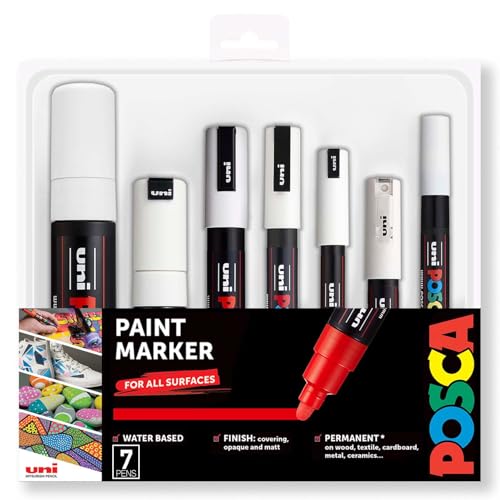 Posca Paint Marker Art Pens - Set mit 7 Stiften (PC-1MR, PC-1M, PC-3M, PC-5M, PC-8K, PC-17K, PCF-350 - weiße Tinte Posca Paint Marker Art Pens - Set mit 7 Stiften (PC-1MR, PC-1M, PC-3M, PC-5M, PC-8K, PC-17K, PCF-350 - weiße Tinte von POSCA