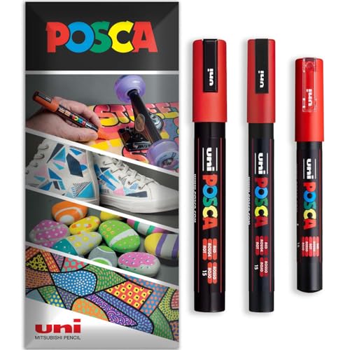 POSCA Permanent-Marker auf Wasserbasis, verschiedene Oberflächen, PC-1M, PC-3M, PC-5M, 3 Stifte in Brieftasche (Rot) von POSCA