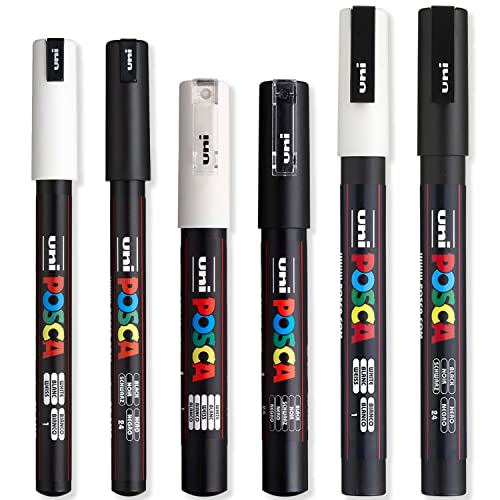 Posca - Ultrafeine bis feine Farbmarker, PC-1MR, PC-1M, PC-3M, weiße und schwarze Tinte, 6 Stück von POSCA
